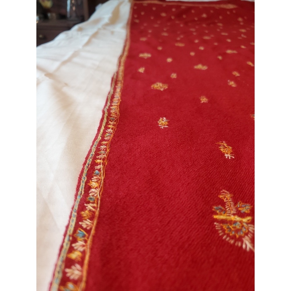Vintage Gaurav Shawls Wool Hand Embroidered Long Fabric Red Abstract 36x75 - Picture 5 of 8